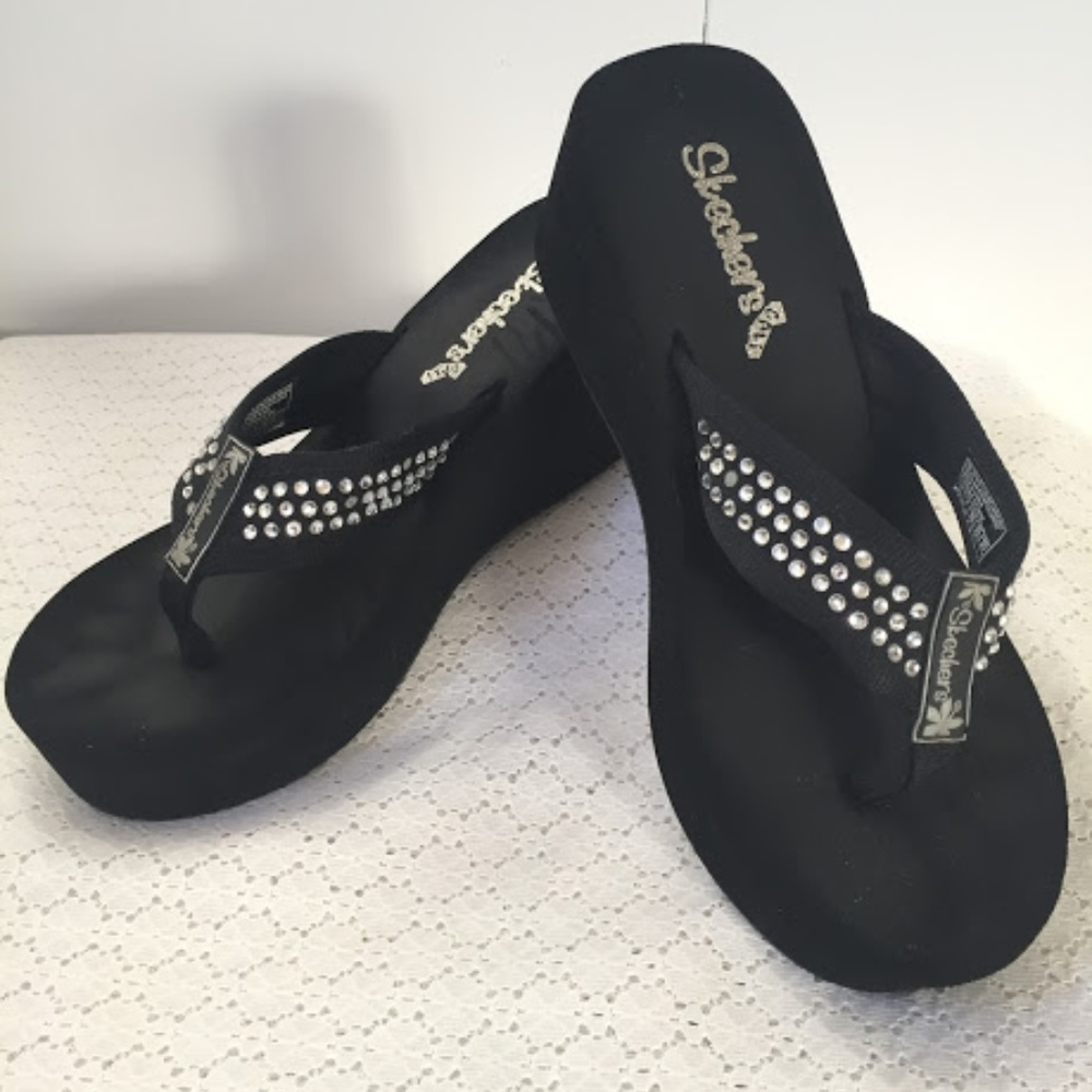 Skechers Cali Black Wedge 3" Flip-Flops Sz 8